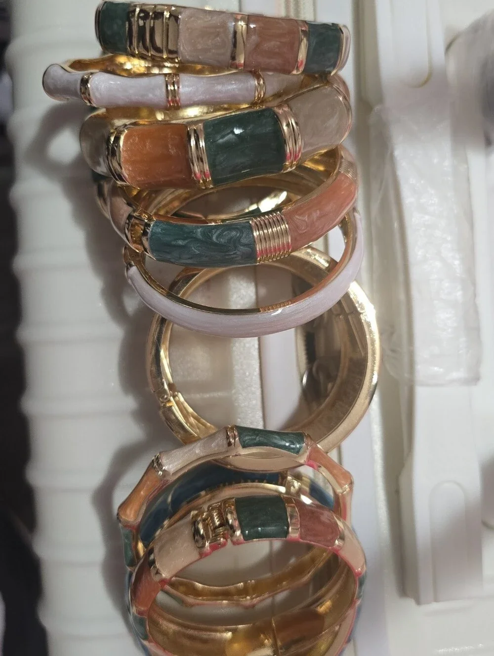Gold-Tone Enamel Stackable Bangle Bracelets - Green & Cream